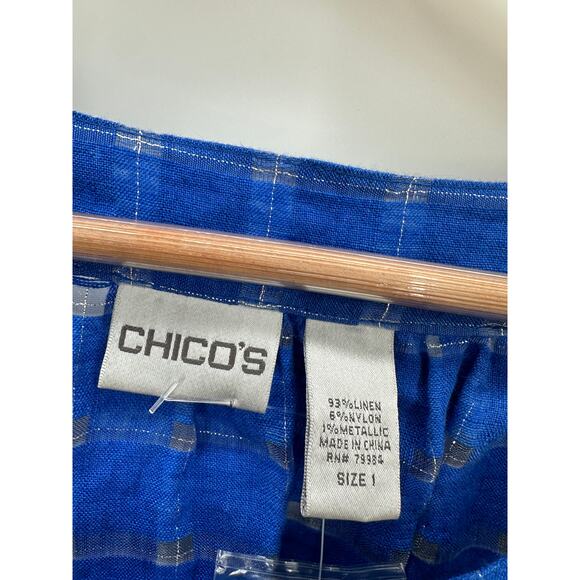 Chicos Blue Rosemarie Window Linen 3/4 Shirt Moroccan Tunic Button Down Sz 1 NWT - Picture 7 of 8
